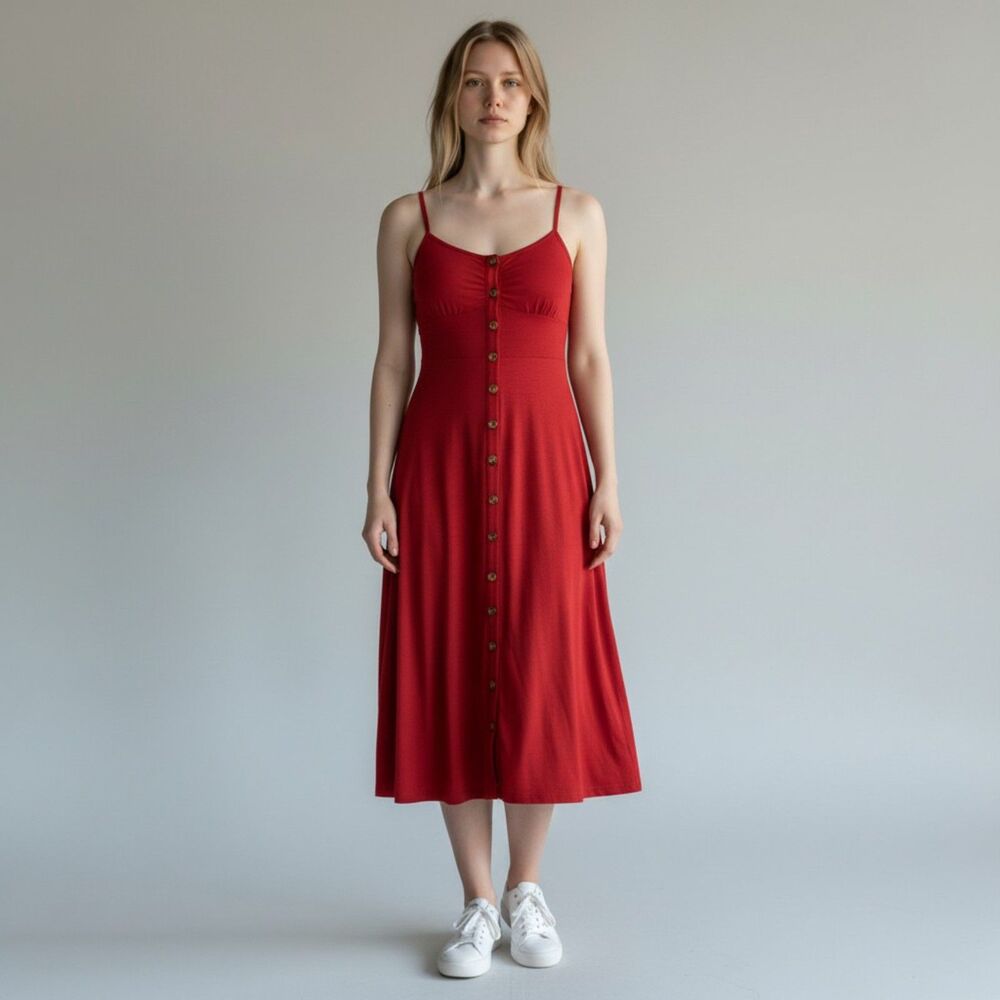 Berydress Dress Womens XL Red Button Up Ladies Rayon Soft Midi Sleeveless Solid